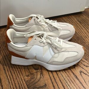 White and Tan Sneakers new balance cream, white, and burnt orange size 8.5